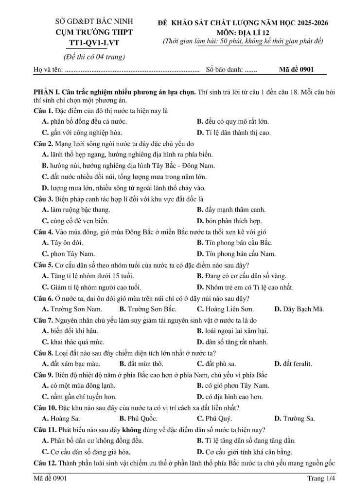 File đề Khảo sát chất lượng Bắc Ninh môn Địa lí