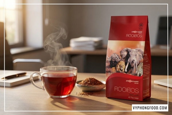 Hồng trà Rooibos Nam Phi thương hiệu African Dawn nhập khẩu chính ngạch bởi VyPhongFood - Địa chỉ trà rooibos mua ở đâu uy tín.