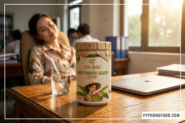 Hũ bột chuối xanh hữu cơ QNA Farm nguyên chất sấy lạnh giúp giảm căng thẳng công sở và hỗ trợ điều trị đau dạ dày.