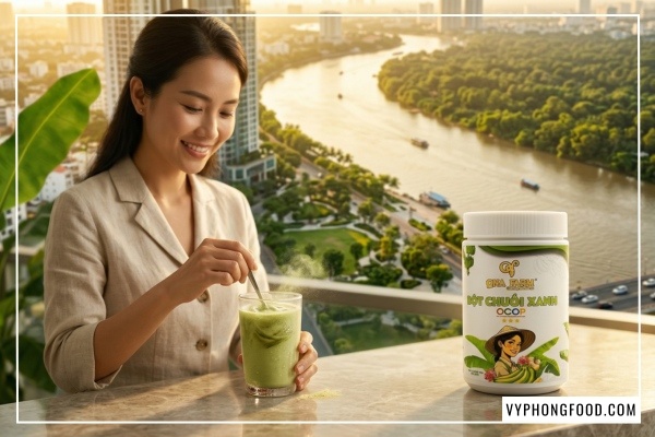 Hình ảnh hộp bột chuối xanh hữu cơ QNA Farm nguyên chất sấy lạnh, giải pháp hỗ trợ chữa dạ dày và giảm cân tự nhiên.