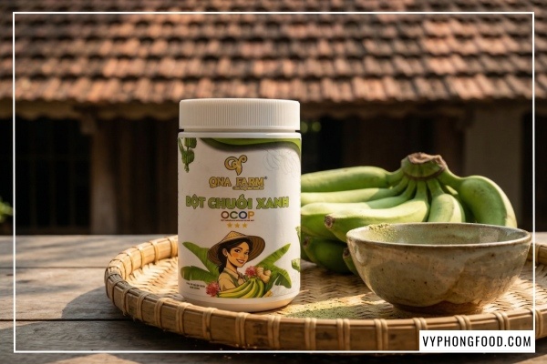 Hình ảnh hộp bột chuối xanh hữu cơ QNA Farm nguyên chất sấy lạnh, giải pháp hỗ trợ chữa dạ dày và giảm cân tự nhiên.