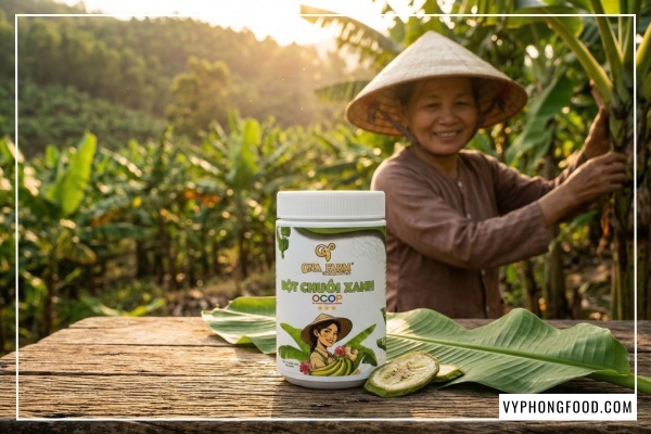 Bột chuối xanh QNA Farm nguyên chất đạt chuẩn OCOP 3 sao hỗ trợ ổn định đường huyết cho người tiểu đường.