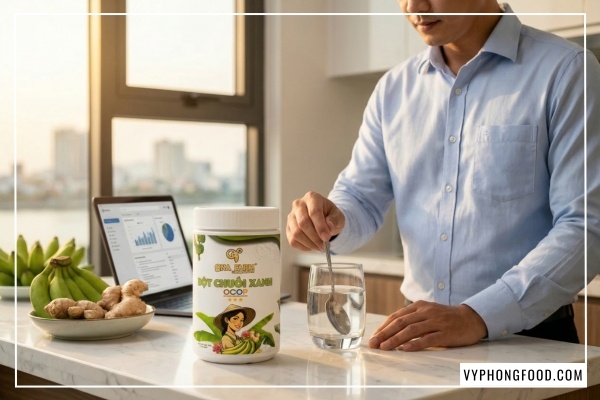 Bột chuối xanh QNA Farm nguyên chất đạt chuẩn OCOP 3 sao hỗ trợ ổn định đường huyết cho người tiểu đường.
