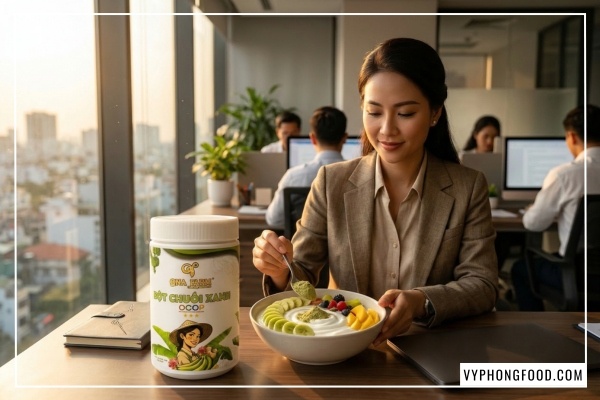 Bột chuối xanh QNA Farm nguyên chất đạt chuẩn OCOP 3 sao hỗ trợ ổn định đường huyết cho người tiểu đường.