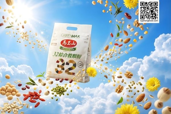 Túi bột ngũ cốc dinh dưỡng Greenmax Đài Loan chính hãng đặt trên nền bầu trời xanh, tượng trưng cho nguồn nguyên liệu thiên nhiên thuần khiết, hỗ trợ giảm cân và ăn kiêng hiệu quả.