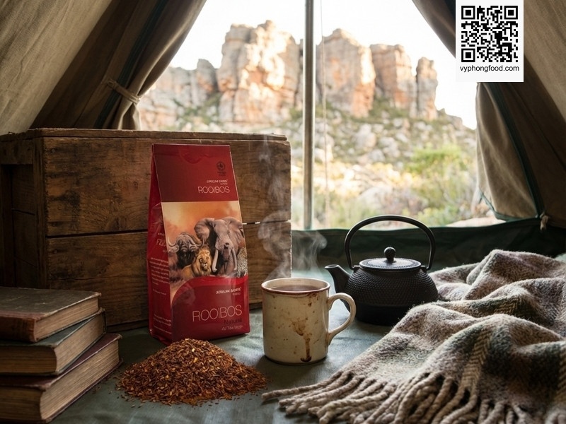 Hồng trà Rooibos Nam Phi túi lọc thương hiệu African Dawn trên nền vùng núi Cederberg - Minh họa công dụng của trà thảo mộc giúp ngủ ngon và giảm stress.