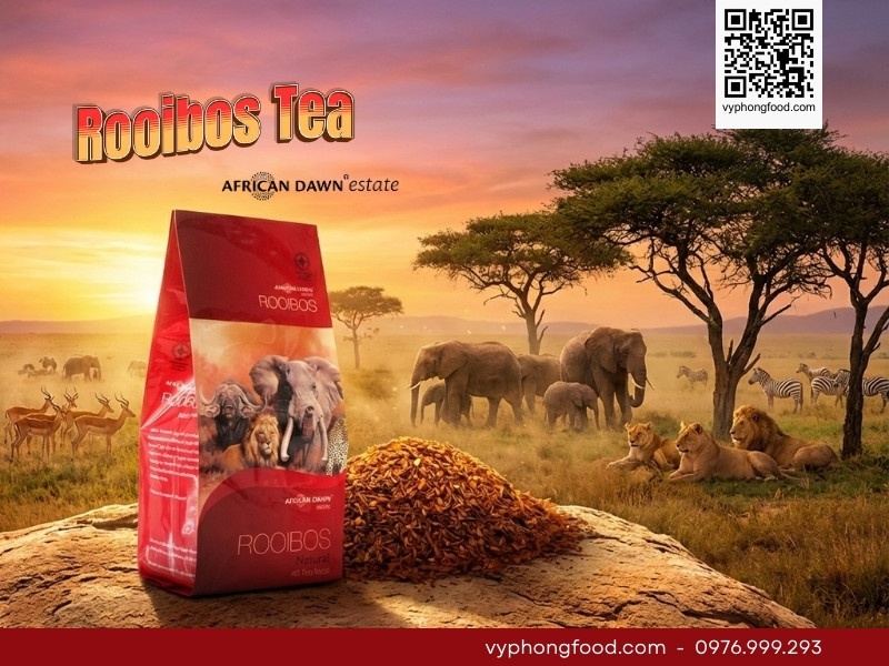 Hồng trà Rooibos Nam Phi túi lọc thương hiệu African Dawn trên nền vùng núi Cederberg - Minh họa công dụng của trà thảo mộc giúp ngủ ngon và giảm stress.