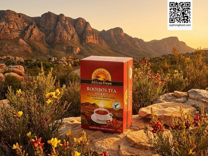 Hồng trà Rooibos Nam Phi túi lọc thương hiệu African Dawn tại vùng núi Cederberg - Minh chứng cho công dụng của trà thảo mộc giúp ngủ ngon và giảm stress.