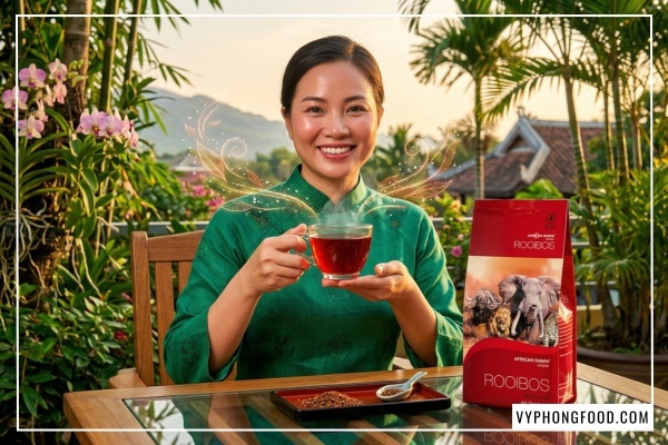 Trà rooibos có tác dụng gì trong việc hỗ trợ tiêu hóa và giảm cân lành mạnh cho dân văn phòng - Sản phẩm African Dawn từ VyPhongFood và Veggie.