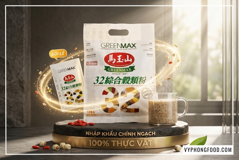 Bột ngũ cốc cho người ăn chay Greenmax Đài Loan giàu Vitamin B12 và sắt giúp hỗ trợ hệ thần kinh từ 32 loại hạt tự nhiên không đường.