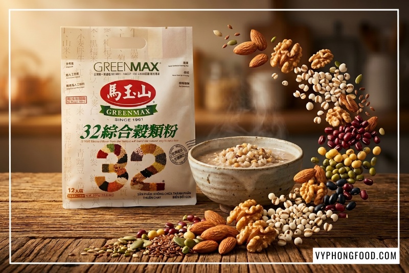 Bột ngũ cốc cho người ăn chay Greenmax Đài Loan giàu Vitamin B12 và sắt giúp hỗ trợ hệ thần kinh từ 32 loại hạt tự nhiên không đường.