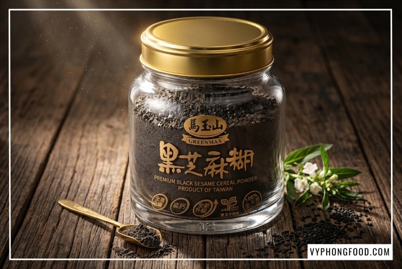 Hình ảnh hướng dẫn cách dùng bột mè đen cho mẹ bầu giúp bổ máu và lợi sữa với sản phẩm bột ngũ cốc mè đen Greenmax nhập khẩu chính ngạch từ Đài Loan.