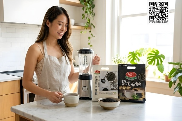 Người phụ nữ trẻ dáng thon gọn đang cầm túi Bột ngũ cốc dinh dưỡng từ mè đen Greenmax Đài Loan loại không đường, ngồi thư giãn trong phòng khách hiện đại.