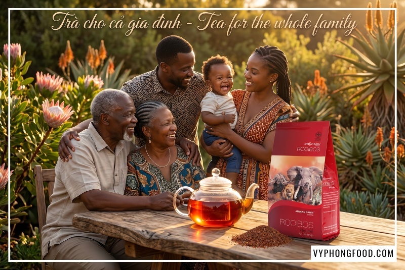 Trà rooibos Nam Phi African Dawn tự nhiên không chứa caffeine, cực ít tannin, là loại trà thảo mộc tốt cho sức khỏe được khuyên dùng cho cả gia đình, từ trẻ nhỏ 6 tháng tuổi, phụ nữ mang thai đến người cao tuổi, giúp xoa dịu tiêu hóa và bảo vệ giấc ngủ.