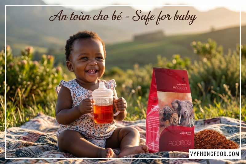 Trà rooibos Nam Phi African Dawn tự nhiên không chứa caffeine, cực ít tannin, là loại trà thảo mộc tốt cho sức khỏe được khuyên dùng cho cả gia đình, từ trẻ nhỏ 6 tháng tuổi, phụ nữ mang thai đến người cao tuổi, giúp xoa dịu tiêu hóa và bảo vệ giấc ngủ.