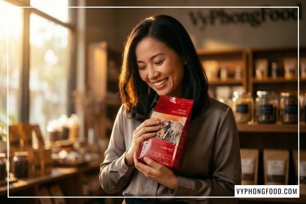 Hình ảnh túi hồng trà rooibos Nam Phi African Dawn nhập khẩu chính ngạch bởi Vy Phong Food có đầy đủ tem nhãn phụ và giấy tờ kiểm định.  Sản phẩm được nhập khẩu chính ngạch và phân phối độc quyền tại cửa hàng của Vy Phong Food.
