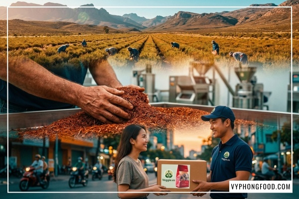 Hình ảnh túi hồng trà rooibos Nam Phi African Dawn nhập khẩu chính ngạch bởi Vy Phong Food có đầy đủ tem nhãn phụ và giấy tờ kiểm định.  Sản phẩm được nhập khẩu chính ngạch và phân phối độc quyền tại cửa hàng của Vy Phong Food.