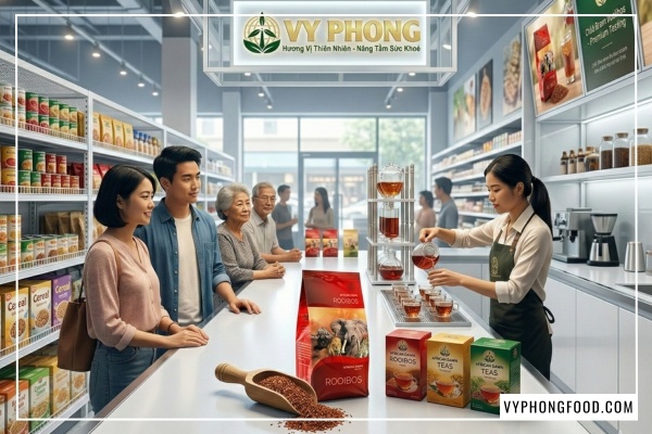 Hình ảnh túi hồng trà rooibos Nam Phi African Dawn nhập khẩu chính ngạch bởi Vy Phong Food có đầy đủ tem nhãn phụ và giấy tờ kiểm định.  Sản phẩm được nhập khẩu chính ngạch và phân phối độc quyền tại cửa hàng của Vy Phong Food.