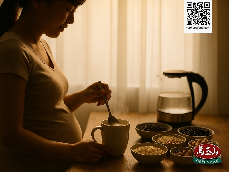 A pregnant woman is drinking a cup of nutritional cereal powder, representing the question: Can pregnant women drink cereal powder? Learn the scientific explanation, health benefits, and cases to avoid.