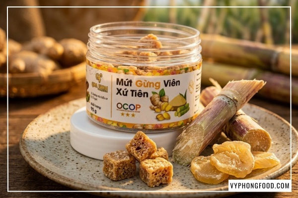 Cận cảnh hũ mứt gừng viên giòn QNA Farm 95g trên bàn làm việc, món snack gừng healthy giòn xốp ít đường cho dân văn phòng.