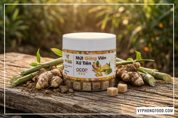 Cận cảnh hũ mứt gừng viên giòn QNA Farm 95g trên bàn làm việc, món snack gừng healthy giòn xốp ít đường cho dân văn phòng.