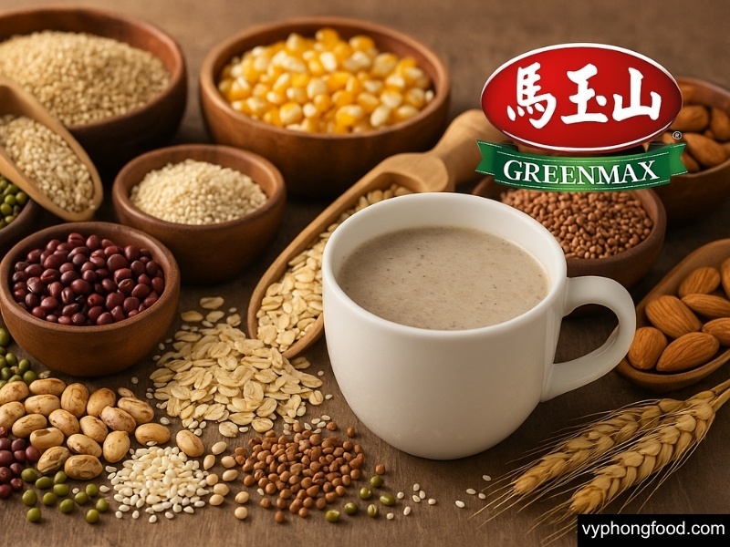 Ảnh bột ngũ cốc dinh dưỡng pha sẵn trong ly, kèm tô ngũ cốc – hạt nguyên liệu (yến mạch, đậu, mè, hạt lanh, óc chó) trên nền sáng; minh họa giải pháp đủ đạm thực vật cho người ăn chay.