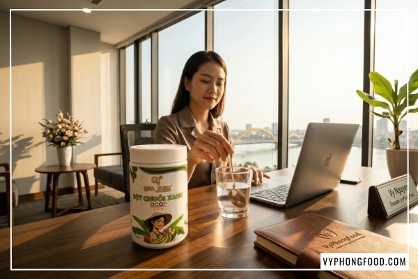 Hình ảnh bột chuối xanh hữu cơ QNA Farm nguyên chất sấy lạnh giàu tinh bột kháng hỗ trợ dạ dày và sức khỏe đường ruột