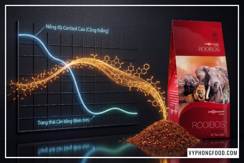 Túi trà rooibos nam phi dạng túi lọc African Dawn đặt cạnh tách trà ấm khói nghi ngút, minh họa giải pháp sử dụng trà thảo mộc không caffeine tự nhiên giúp hạ hormone stress cortisol, cung cấp magie hỗ trợ cơ bắp thư giãn sâu và mang lại giấc ngủ ngon tự nhiên phân phối bởi Vy Phong Food tại veggie.vn.