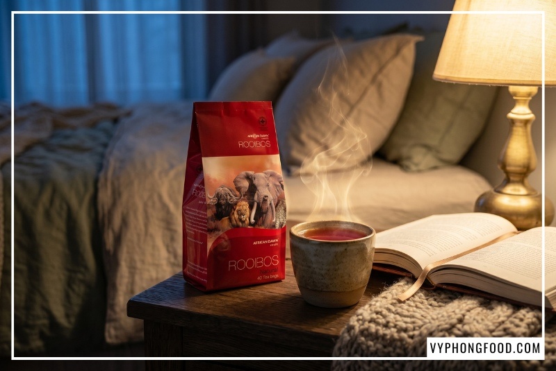 Túi trà rooibos nam phi dạng túi lọc African Dawn đặt cạnh tách trà ấm khói nghi ngút, minh họa giải pháp sử dụng trà thảo mộc không caffeine tự nhiên giúp hạ hormone stress cortisol, cung cấp magie hỗ trợ cơ bắp thư giãn sâu và mang lại giấc ngủ ngon tự nhiên phân phối bởi Vy Phong Food tại veggie.vn.