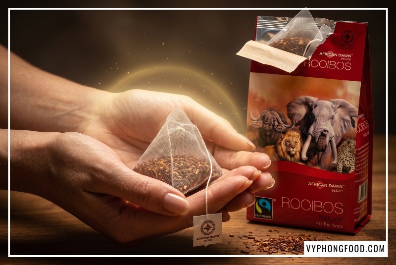 Túi trà rooibos nam phi dạng túi lọc African Dawn đặt cạnh tách trà ấm khói nghi ngút, minh họa giải pháp sử dụng trà thảo mộc không caffeine tự nhiên giúp hạ hormone stress cortisol, cung cấp magie hỗ trợ cơ bắp thư giãn sâu và mang lại giấc ngủ ngon tự nhiên phân phối bởi Vy Phong Food tại veggie.vn.