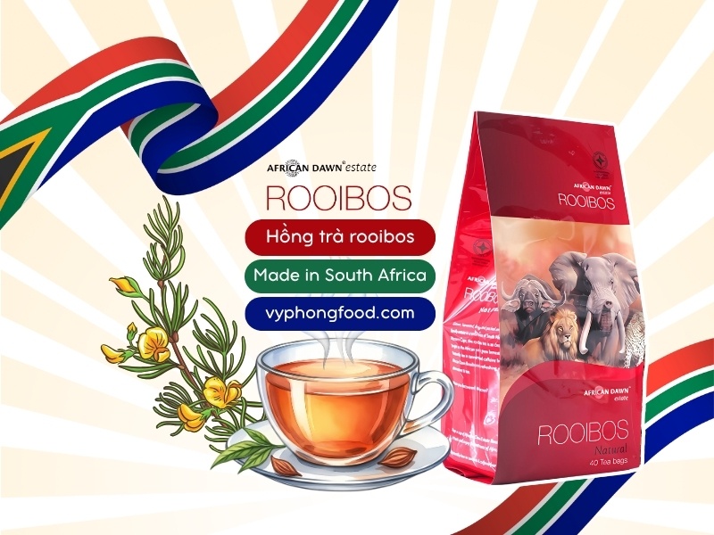 South African Rooibos Tea embraced by youth as a trendy herbal drink, caffeine-free, rich in antioxidants, and officially imported by vyphongfood.com under African Dawn brand.