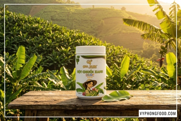 Bột chuối xanh hữu cơ QNA Farm nguyên chất sấy lạnh giữ trọn hàm lượng tinh bột kháng.