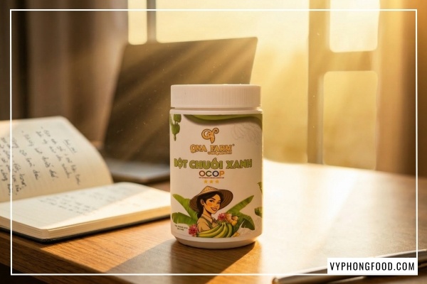 Bột chuối xanh hữu cơ QNA Farm nguyên chất sấy lạnh giữ trọn hàm lượng tinh bột kháng.