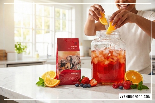 Hướng dẫn cách pha hồng trà rooibos Nam Phi chuẩn vị nóng ấm và trà rooibos lạnh Cold Brew thanh mát từ túi lọc African Dawn.