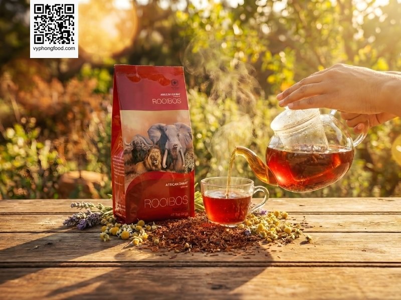 Hướng dẫn cách pha hồng trà Rooibos Nam Phi dạng túi lọc trên nền vùng núi Cederberg, minh họa cách pha chế chuẩn để tối ưu hóa công dụng của trà thảo mộc giúp giảm cân và ngủ ngon.