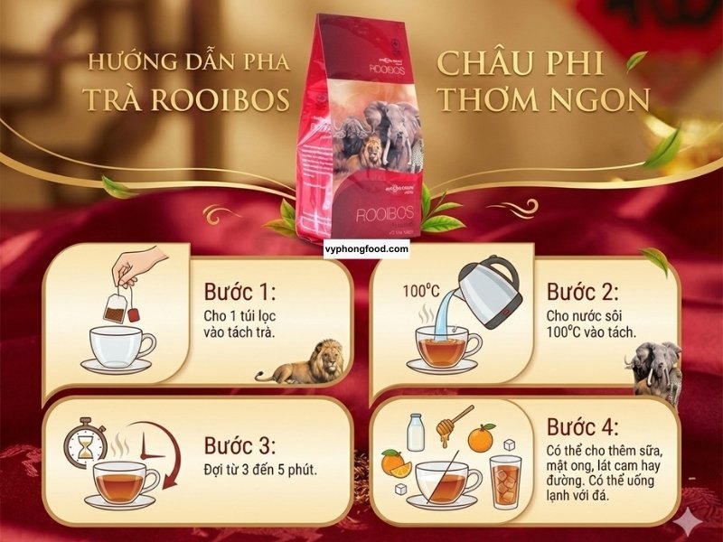 Hướng dẫn cách pha hồng trà Rooibos Nam Phi dạng túi lọc trên nền vùng núi Cederberg, minh họa cách pha chế chuẩn để tối ưu hóa công dụng của trà thảo mộc giúp giảm cân và ngủ ngon.