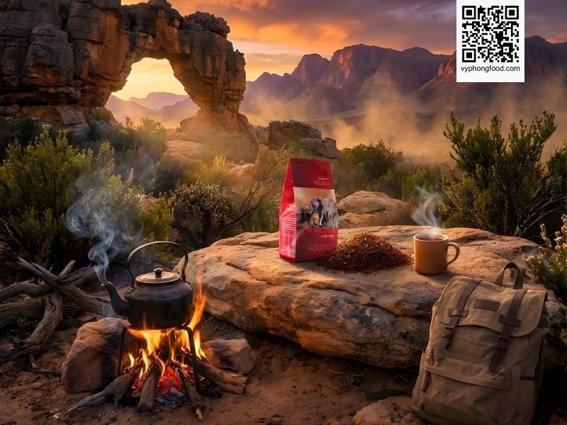 Hướng dẫn cách pha hồng trà Rooibos Nam Phi dạng túi lọc trên nền vùng núi Cederberg, minh họa cách pha chế chuẩn để tối ưu hóa công dụng của trà thảo mộc giúp giảm cân và ngủ ngon.