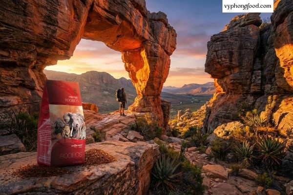 Hồng trà Rooibos Nam Phi thương hiệu African Dawn dạng túi lọc trên nền trang trại Groenkol và vùng núi Cederberg hùng vĩ.