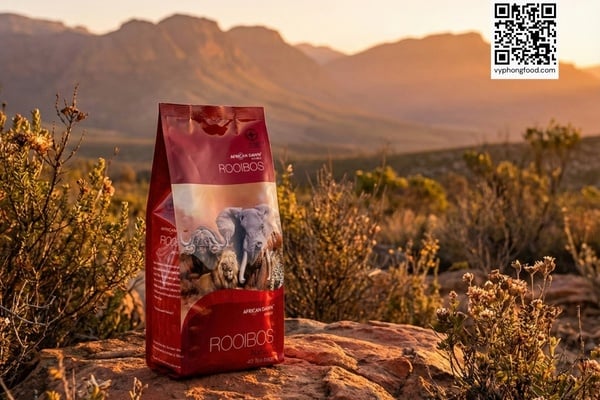 Hộp hồng trà Rooibos Nam Phi African Dawn, trà thảo mộc túi lọc đặt giữa thiên nhiên vùng núi Cederberg, nhập khẩu chính ngạch bởi Vy Phong Food.