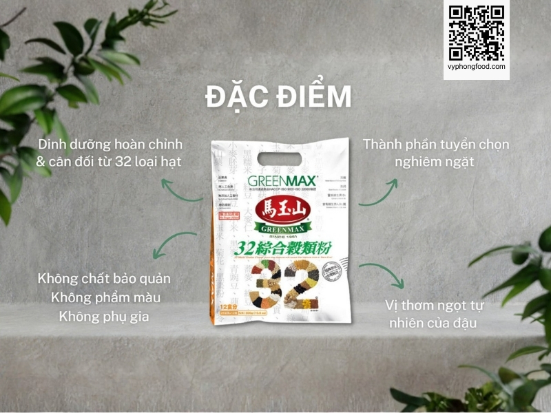 Young pregnant woman sitting at a table reading a prenatal guide about how to drink nutritional cereal powder for pregnant women; Greenmax product guidance and vyphongfood.com branding visible.