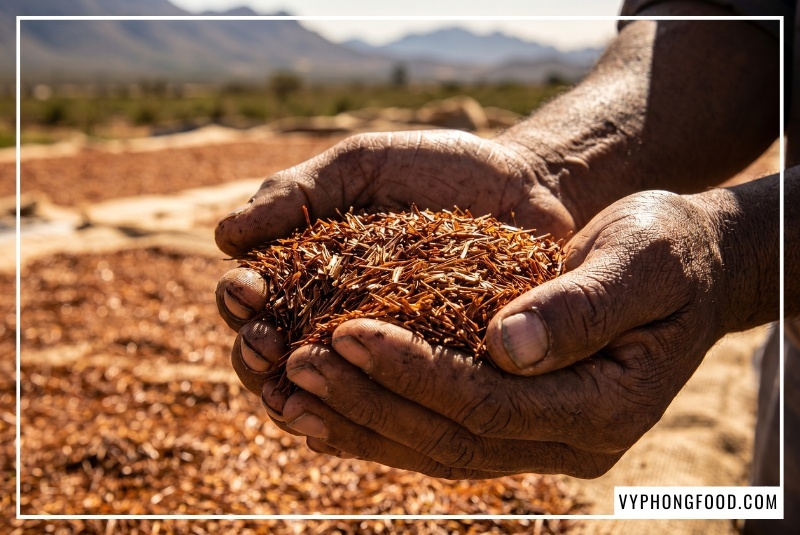 Hình ảnh minh họa hành trình sản xuất và chế biến trà rooibos Nam Phi nguyên bản tại vùng núi Cederberg. Những cành lá được thu hoạch, cắt nhỏ và lên men tạo nên tách hồng trà rooibos Nam Phi African Dawn màu đỏ hổ phách. Đây là loại trà thảo mộc tự nhiên, không chứa caffeine, được phân phối chính ngạch bởi Vy Phong Food, giúp giải đáp thắc mắc trà rooibos mua ở đâu uy tín.
