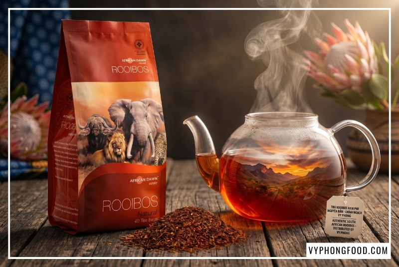 Hình ảnh minh họa hành trình sản xuất và chế biến trà rooibos Nam Phi nguyên bản tại vùng núi Cederberg. Những cành lá được thu hoạch, cắt nhỏ và lên men tạo nên tách hồng trà rooibos Nam Phi African Dawn màu đỏ hổ phách. Đây là loại trà thảo mộc tự nhiên, không chứa caffeine, được phân phối chính ngạch bởi Vy Phong Food, giúp giải đáp thắc mắc trà rooibos mua ở đâu uy tín.