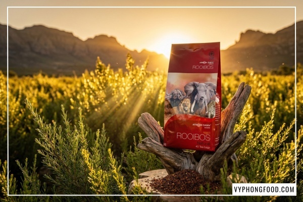 Hình ảnh hồng trà Rooibos Nam Phi African Dawn dạng túi lọc giàu hoạt chất Aspalathin giúp hỗ trợ tim mạch và chống oxy hóa hiệu quả.