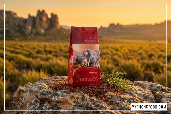 Hình ảnh hồng trà Rooibos Nam Phi African Dawn dạng túi lọc giàu hoạt chất Aspalathin giúp hỗ trợ tim mạch và chống oxy hóa hiệu quả.