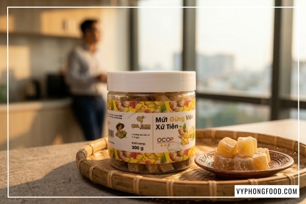 Hũ mứt gừng viên xứ Tiên QNA Farm ít đường, món ăn vặt không béo và thực phẩm tự nhiên bảo vệ sức khỏe.