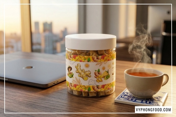 Hũ mứt gừng viên xứ Tiên QNA Farm ít đường, món ăn vặt không béo và thực phẩm tự nhiên bảo vệ sức khỏe.