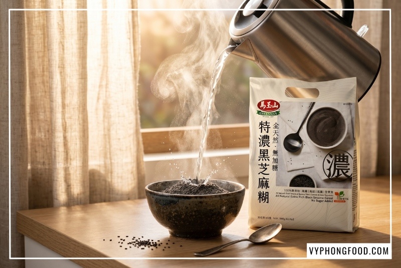 Hình ảnh minh họa cách dùng bột mè đen cho mẹ bầu vào mỗi buổi sáng giúp ngừa táo bón hiệu quả. Sản phẩm bột ngũ cốc dinh dưỡng từ mè đen Greenmax Đài Loan an toàn cho tam cá nguyệt thứ nhất.