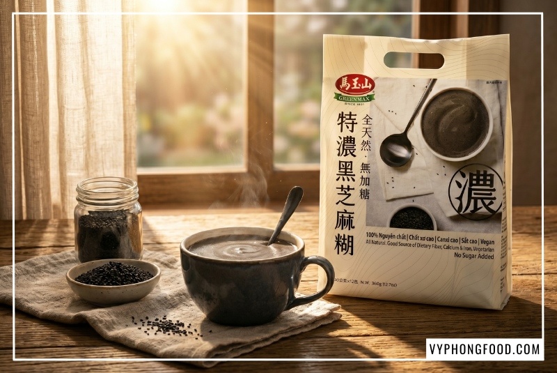Hình ảnh minh họa cách dùng bột mè đen cho mẹ bầu vào mỗi buổi sáng giúp ngừa táo bón hiệu quả. Sản phẩm bột ngũ cốc dinh dưỡng từ mè đen Greenmax Đài Loan an toàn cho tam cá nguyệt thứ nhất.