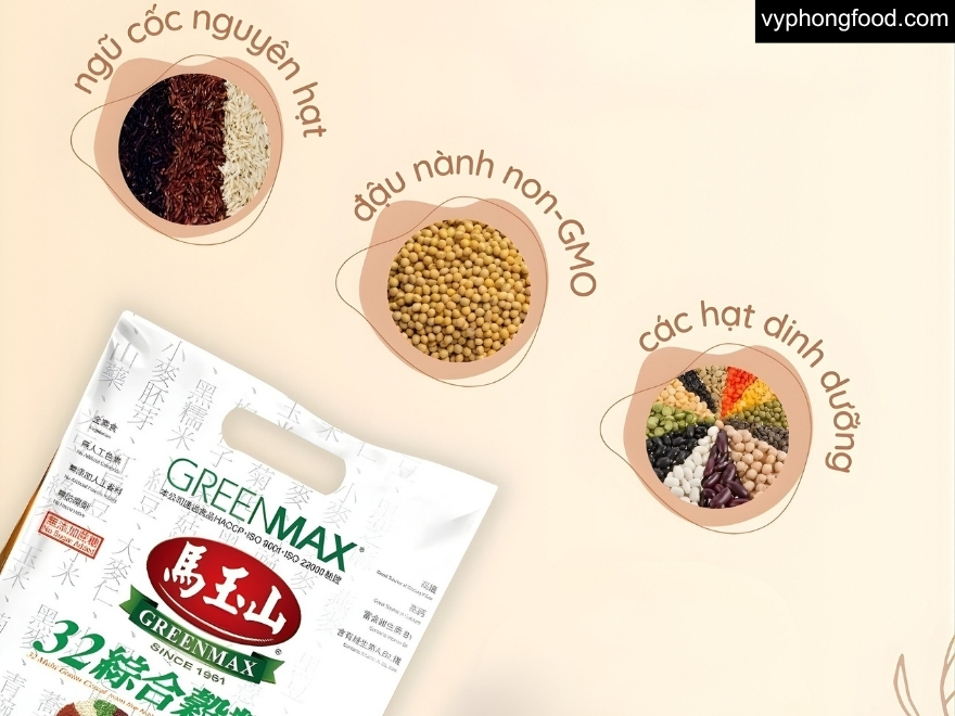 ly bột ngũ cốc dinh dưỡng greenmax đài loan pha nóng đặt trên bàn bếp sạch cạnh chén hạt chia và hạt lanh dành cho người giảm mỡ bụng ăn kiêng cần bữa sáng healthy ít calo