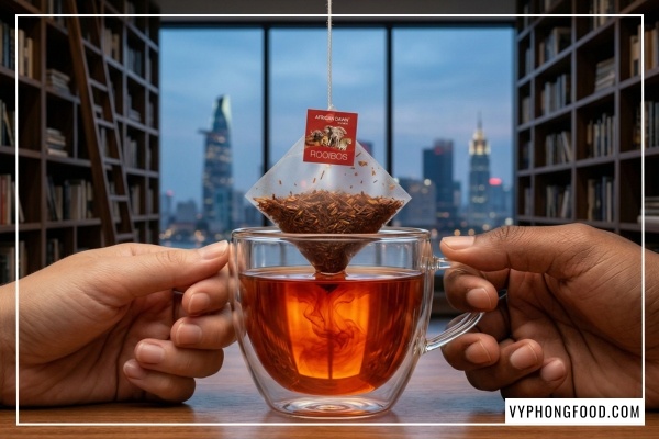 Trà rooibos có tác dụng gì? Ly hồng trà rooibos African Dawn túi lọc không caffeine giúp ngủ ngon và giảm căng thẳng stress tự nhiên cho người mất ngủ.